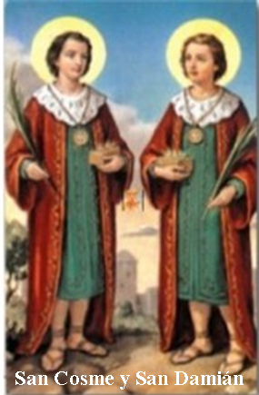 Estampa  San Cosme y San Damián con Oración, 5x7,5cm.
