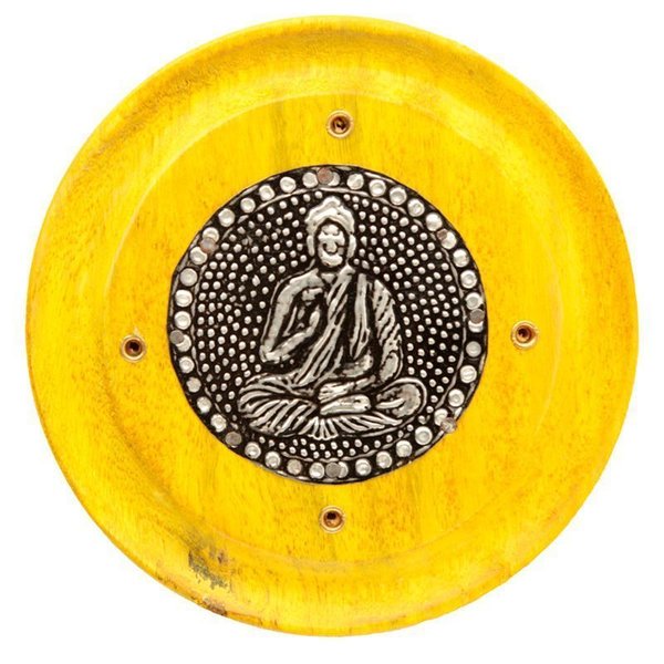 Quemador de Incienso con Buda Redondo de Madera de Mango, Color Amarillo