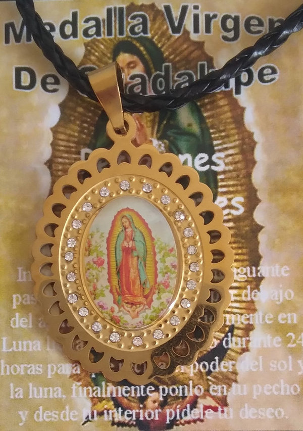 Talismán Grande Artesano De Acero Inoxidable, Virgen Guadalupe, 4,4 cm con Cordón.